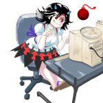  1girl black_hair black_skirt breasts chair commentary computer computer_tower crt desk english_commentary full_body hair_between_eyes highres horns keyboard_(computer) kijin_seija looking_at_object malbolge_(programming_language) medium_breasts monitor multicolored_hair no_socks office_chair on_chair profitshame purple_ribbon red_eyes red_hair ribbon sandals shirt short_hair short_sleeves simple_background skirt solo streaked_hair teeth touhou upside-down v-shaped_eyebrows white_background white_shirt 