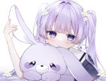  1girl absurdres bangs flower hand_up highres long_hair looking_at_viewer mole mole_under_eye original parted_lips purple_eyes purple_hair solo stuffed_toy twintails upper_body wako_morino white_background white_flower 