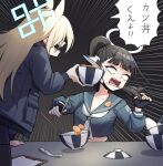  2girls animal_ears bangs black_hair black_jacket blank_eyes blonde_hair blue_archive blue_sailor_collar blue_serafuku blunt_bangs bowl breasts chopsticks chuo8008 cleavage clipboard emphasis_lines extra_ears fingerless_gloves food food_on_face gloom_(expression) gloves halo hands_up high_ponytail highres holding holding_bowl holding_chopsticks interrogation jacket kanna_(blue_archive) katsudon_(food) long_hair long_sleeves mask mask_removed midriff mouth_mask multiple_girls neckerchief open_clothes open_jacket open_mouth sailor_collar school_uniform serafuku sharp_teeth shouting sitting sukeban_(smg)_(blue_archive) surgical_mask tearing_up teeth white_eyes white_neckerchief 