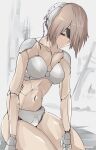  1girl absurdres android breasts brown_hair cable closed_eyes commentary_request damaged grey_background highres mechanical_parts medium_breasts navel nier_(series) nier_automata nude rasen_manga short_hair solo torn_blindfold 