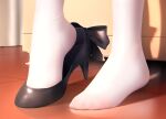  1girl black_bow black_footwear blue_archive bow commentary feet foot_focus han_(hehuihuihui) high_heels highres indoors mika_(blue_archive) pantyhose shoes single_shoe solo standing white_pantyhose 