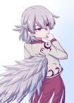 1girl benizuwai bow braid covering_mouth dress feathered_wings french_braid gradient_background hand_up highres jacket kishin_sagume long_sleeves looking_to_the_side open_clothes open_jacket purple_dress red_eyes short_hair simple_background single_wing solo touhou white_background wings 