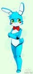  2017 4_fingers 4_toes abstract_background ambiguous_gender animatronic anthro artist_logo artist_name barefoot biped black_body black_nose blue_body blue_ears blue_fur blue_hair blue_tail blush blush_stickers bow_tie bow_tie_only crossed_arms devil-vox dotted_background feet fingers five_nights_at_freddy&#039;s five_nights_at_freddy&#039;s_2 fur green_background green_eyes hair hi_res kemono lagomorph leporid logo looking_aside looking_at_viewer machine mammal monotone_hair monotone_tail mostly_nude nude pattern_background rabbit red_bow_tie robot scottgames simple_background smile solo standing tail toes toy_bonnie_(fnaf) white_body 