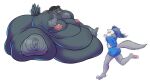  &lt;3 &lt;3_eyes anthro avian belly big_belly big_breasts bird blobby blue_clothing blue_dress blue_hair breasts canid canine clothing corvid corvus_(genus) dress duo female female/female fur grey_body grey_fur hair hyperfat mammal morbidly_obese morbidly_obese_female obese obese_female oscine overweight overweight_female passerine raven 