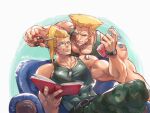  2boys bara blonde_hair blue_eyes charlie_nash cutting_hair dog_tags fefeather green_tank_top guile multiple_boys muscular muscular_male scissors street_fighter tank_top 