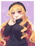  1girl :d adapted_costume blonde_hair border fox_shadow_puppet hand_up junko_(touhou) long_hair notice_lines outside_border plaid purple_background ribbed_sweater sakikagami scarf smile solo sweater teeth touhou turtleneck upper_teeth_only white_border 