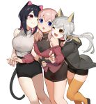  3girls :d ;d akizone animal_ears bangs bare_shoulders black_choker black_shirt black_shorts black_skirt blue_eyes blush breasts cat_ears cat_girl cat_tail choker collared_shirt fang final_fantasy final_fantasy_xiv grey_hair grey_shirt highres hood hood_down hooded_jacket jacket large_breasts long_hair multiple_girls off_shoulder one_eye_closed open_clothes open_jacket orange_eyes orange_thighhighs red_eyes red_jacket shirt shirt_tucked_in shorts skirt smile tail thighhighs 