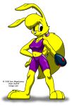  1999 3_toes anthro barefoot breasts dean_dodrill epic_games feet female fur hair holding_object jazz_jackrabbit_(series) lagomorph leporid looking_at_viewer lori_jackrabbit mammal navel ponytail rabbit simple_background smile solo standing toes white_background yellow_body yellow_fur 