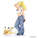  1girl absurdres animal_collar black_choker blonde_hair blue_eyes bracelet casual chain character_print choker collar cropped_shirt full_body hand_on_own_head highres holding holding_leash jewelry kirby kirby_(series) leash long_hair metroid midriff navel pants pikachu pokemon pokemon_(creature) ponytail samus_aran shoes simple_background standing twitter_username white_background zero_momentai 