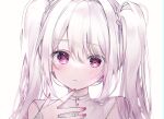  1girl bangs closed_mouth hand_up heart heart-shaped_pupils highres long_hair looking_at_viewer original pink_eyes pink_hair pink_nails portrait solo symbol-shaped_pupils twintails twitter_username wako_morino 