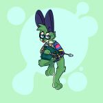  absurd_res anthro blep blue_markings bottomless bottomless_anthro bottomless_male cheek_tuft clothed clothing eyewear facial_tuft fur glasses green_background green_body green_fur half-closed_eyes hi_res lagomorph laser_gun leporid male mammal markings multicolored_body multicolored_fur narrowed_eyes rabbit ranged_weapon simple_background smile solo sweater the_xing1 tongue tongue_out topwear tuft two_tone_body two_tone_fur weapon white_body white_fur 