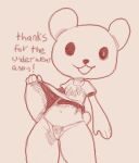  2023 4_fingers :3 anonymous_artist anthro bear biped clothed clothing clothing_lift cookie&#039;s_bustle cookie_blair dialogue digital_media_(artwork) female fingers floral_print looking_at_viewer low_res mammal navel open_mouth panties pink_background portrait shirt shirt_lift short_tail simple_background smile solo tail talking_to_viewer three-quarter_portrait topwear underwear 