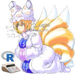  1girl blonde_hair blue_tabard calculator commentary dress english_commentary fox_girl fox_tail frilled_dress frills full_body hands_in_opposite_sleeves hat highres long_sleeves math medium_hair multiple_tails pillow_hat profitshame r_(programming_language) simple_background solo tabard tail touhou white_background white_dress white_headwear wide_sleeves yakumo_ran 