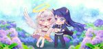  2girls alternate_costume angel_wings animal_ears blue_flower blurry blurry_background chibi depth_of_field doremy_sweet feathered_wings field flower flower_field full_body grey_hair halo highres holding_hands hydrangea kishin_sagume looking_at_another looking_to_the_side monocle multiple_girls no_headwear open_mouth pink_flower purple_flower sakikagami single_wing tapir_ears touhou white_wings wings 