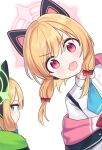 2girls :3 animal_ears bangs blonde_hair blue_archive blue_necktie blue_ribbon cat_ears chestnut_mouth closed_mouth commentary_request fake_animal_ears green_eyes green_jacket hair_ribbon halo head_tilt hood hood_down hooded_jacket jacket low_twintails midori_(blue_archive) mimit_4 momoi_(blue_archive) multiple_girls necktie off_shoulder open_mouth pink_eyes pink_jacket pleated_shirt red_ribbon ribbon shirt simple_background skirt smile suspender_skirt suspenders swept_bangs teeth twintails upper_teeth_only white_background white_shirt 