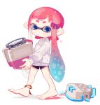  1girl anklet bangs barefoot black_shorts blue_eyes blue_hair blunt_bangs blush bow closed_mouth commentary_request expressionless feet full_body gradient_hair grizzco_slosher_(splatoon) hair_bow highres holding inkling inkling_girl jewelry long_hair long_sleeves looking_at_viewer mikoshiba_m multicolored_hair pink_hair pointy_ears red_bow short_eyebrows short_shorts shorts sidelocks signature simple_background sleeves_past_wrists solo splatoon_(series) squee-g standing sweater tentacle_hair thick_eyebrows toes walking white_background white_sweater 