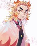  1boy blonde_hair branch cape colored_tips dappled_sunlight demon_slayer_uniform flame_print flower forked_eyebrows from_side half_updo kimetsu_no_yaiba long_sleeves looking_at_viewer looking_to_the_side male_focus medium_hair mobichi multicolored_hair orange_eyes orange_hair parted_lips red_hair rengoku_kyoujurou solo streaked_hair sunlight upper_body white_background white_cape yellow_eyes 