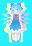 blue_bow blue_dress blue_eyes blue_hair boningen bow cirno dress drop_shadow fairy frills hair_bow ice ice_wings mary_janes red_bow shoes short_hair smile socks star-shaped_pupils star_(symbol) symbol-shaped_pupils touhou white_socks wings 