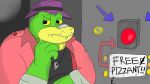  2023 alligator alligatorid anthro biped brok_(character) brok_the_investigator clothing crocodilian english_text exclamation_point green_body hat headgear headwear hi_res humanoid_hands lionbreed reptile scalie shirt slightly_chubby solo text topwear 