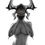  1girl alternate_breast_size backlighting bald bald_girl black_sclera breasts colored_sclera commentary completely_nude convenient_arm covered_mouth demon demon_horns english_commentary highres horns large_breasts looking_at_viewer mask metal:_hellsinger mo-haniibanchi monochrome mouth_mask nude orange_eyes pinup_(style) scar scar_on_arm solo spot_color the_unknown_(metal:_hellsinger) third_eye too_many_scars white_background 