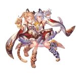  2girls ;d alpha_transparency animal_ears animal_hands animal_print bai_(granblue_fantasy) bangs bare_shoulders blonde_hair blush detached_sleeves dress erune frilled_dress frills full_body gloves granblue_fantasy grey_hair huang_(granblue_fantasy) laolao_(granblue_fantasy) looking_at_viewer minaba_hideo multiple_girls official_art one_eye_closed open_mouth paw_gloves paw_shoes siblings simple_background sisters smile tail tiger_ears tiger_girl tiger_paws tiger_print tiger_stripes tiger_tail transparent_background twins twintails 