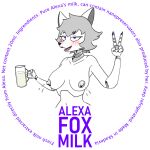  10ne-v alexa_(10ne-v) anthro big_breasts blush blush_lines bodily_fluids breasts canid canine container cup english_text female fox gesture grey_hair hair hi_res lactating living_machine machine mammal robot smile solo text v_sign 