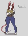  anthro belt bottomwear breasts brown_hair clothed clothing clothing_lift cosmic_klutz denim denim_clothing female frown fur gesture gun gun_in_waistband hair handgun hi_res jeans mammal middle_finger murid murine pants pistol ranged_weapon rat red_eyes rodent shirt shirt_lift simple_background solo standing tattoo topwear weapon white_body white_fur 