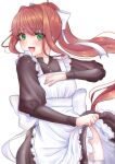  1girl :d absurdres apron apron_lift bangs black_dress blush bow brown_hair clothes_lift cowboy doki_doki_literature_club dress dress_lift eyelashes eyes_visible_through_hair floating_hair frilled_apron frills garter_belt garter_straps green_eyes hair_bow hand_on_own_chest happy head_tilt highres juliet_sleeves leaning_back lifted_by_self long_hair long_sleeves looking_at_viewer looking_to_the_side maid maid_apron mi_tarou0412 monika_(doki_doki_literature_club) multicolored_clothes open_mouth ponytail puffy_sleeves sidelocks simple_background smile solo sparkle thighs tongue very_long_hair white_apron white_background white_bow white_garter_belt white_garter_straps 