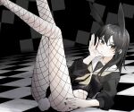  1girl absurdres animal_ears arm_support bangs black_hair black_leotard black_nails black_shirt checkered_floor closed_mouth commentary feet_out_of_frame fishnets highres ka_keo legs_up leotard long_hair looking_at_viewer lying mole mole_on_ass nail_polish neckerchief on_back original playboy_bunny rabbit_ears rabbit_girl rabbit_tail sailor_collar school_uniform serafuku shirt sidelocks solo symbol-only_commentary tail tile_floor tiles white_sailor_collar yellow_eyes yellow_neckerchief 