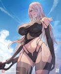  1girl android armlet arttoru bare_shoulders black_gloves blue_eyes blue_sky breasts cloud elbow_gloves from_below garter_straps gloves hair_over_one_eye highres holding holding_sword holding_weapon joints large_breasts navel nier_(series) nier_automata robot_joints sky solo sword tank_top thighhighs weapon white_hair yorha_type_a_no._2 