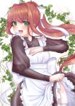  1girl :d absurdres apron apron_lift bangs black_dress blush bow branch brown_hair clothes_lift cowboy doki_doki_literature_club dress dress_lift eyelashes eyes_visible_through_hair floating_hair frilled_apron frills garter_belt garter_straps green_eyes hair_bow hand_on_own_chest happy head_tilt highres ivy juliet_sleeves leaning_back lifted_by_self long_hair long_sleeves looking_at_viewer looking_to_the_side maid maid_apron mi_tarou0412 monika_(doki_doki_literature_club) multicolored_clothes open_mouth plant ponytail puffy_sleeves sidelocks simple_background smile solo sparkle thighs tongue very_long_hair white_apron white_background white_bow white_garter_belt white_garter_straps 
