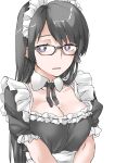  1girl black_hair breasts bright_pupils cleavage elf_(stroll_in_the_woods) glasses highres large_breasts long_hair maid maid_headdress original purple_eyes solo upper_body white_background white_pupils 