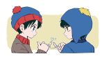  2boys animification beanie black_hair blue_eyes blue_headwear craig_tucker green_eyes hat heart highres kxh-hxk male_child male_focus multiple_boys simple_background south_park stan_marsh yaoi 