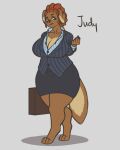  anthro big_breasts bottomwear breasts briefcase brown_body brown_fur brown_hair business_suit businesswear canid canine canis cleavage clothed clothing cosmic_klutz domestic_dog female floppy_ears fully_clothed fur hair hi_res judy_(cosmic_klutz) mammal mature_female simple_background skirt solo suit wide_hips 