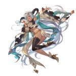  1girl ;d alpha_transparency bangs black_nails black_thighhighs breasts cleavage dark-skinned_female dark_skin detached_sleeves dragon_horns draph fangs fediel_(granblue_fantasy) full_body granblue_fantasy grey_hair high_heels horns index_finger_raised large_breasts long_hair looking_at_viewer minaba_hideo official_art one_eye_closed open_mouth purple_eyes revealing_clothes simple_background single_thighhigh smile solo thick_thighs thighhighs thighs transparent_background very_long_hair 