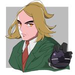  1boy bangs black_gloves blonde_hair border brown_necktie closed_mouth collared_shirt commentary_request frown gloves green_jacket grey_background hand_up hassel_(pokemon) holding_tera_orb jacket male_focus necktie orange_eyes parted_bangs pokemon pokemon_(game) pokemon_sv senako_(19921221) shirt short_ponytail solo upper_body vest white_border white_shirt 
