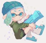  1girl :o absurdres bangs beanie bike_shorts black_shorts blue_eyes blue_footwear blue_hair blue_headwear blue_tongue blunt_bangs blush colored_tongue commentary_request crescent full_body green_hoodie gun hat highres holding holding_gun holding_weapon hood hood_down hoodie inkling inkling_girl long_sleeves looking_at_viewer looking_to_the_side mikoshiba_m open_mouth parted_lips pointy_ears sandals short_eyebrows short_hair short_shorts shorts sidelocks signature simple_background sitting socks solo splatoon_(series) splattershot_jr_(splatoon) star_(symbol) tentacle_hair thick_eyebrows weapon white_background white_socks 
