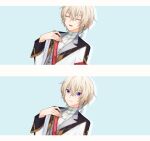  1boy androgynous border closed_eyes closed_mouth earrings hand_on_own_chest highres idol_clothes jewelry kamijou_uta light_blue_background long_sleeves looking_at_viewer male_focus masaki_729 open_mouth readyyy! short_hair smile solo white_border 