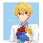  1boy blonde_hair blue_eyes blue_flower blue_rose blue_shirt border bouquet collared_shirt flower formal holding holding_bouquet kuze_mitsuki light_blue_background long_sleeves male_focus masaki_729 purple_flower purple_rose readyyy! red_flower red_rose rose shirt short_hair smile solo star_(symbol) suit white_border white_flower white_rose white_suit yellow_flower yellow_rose 