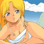  1980s_(style) 1girl blonde_hair blue_eyes breasts cloud dragon&#039;s_heaven earrings haruyama_kazunori ikuuru jewelry long_hair looking_at_viewer lying navel on_side retro_artstyle solo swimsuit 