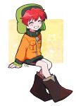  1boy blush boots breast_pocket closed_eyes fingerless_gloves gloves green_gloves green_headwear hat highres kxh-hxk kyle_broflovski legs male_child male_focus pocket red_hair simple_background smile solo south_park star_(symbol) teeth 