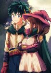  1boy 1girl alternate_universe belt boku_no_hero_academia breasts brown_eyes brown_hair cape couple crossed_arms fantasy freckles gloves green_cape green_eyes green_hair hat hetero highres holster horns large_breasts looking_at_another midoriya_izuku pink_headwear pink_scarf scarf short_hair sky staff sword tooshiro10 tree uraraka_ochako weapon witch_hat 