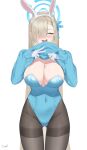  1girl ^_^ ^o^ absurdres animal_ears asuna_(blue_archive) asuna_(bunny)_(blue_archive) black_pantyhose blue_archive blue_hoodie blue_leotard blush breasts cleavage closed_eyes clothes_lift covered_navel fake_animal_ears grey_hair groin hair_over_one_eye halo highres hood hoodie large_breasts leotard lifted_by_self long_hair mole mole_on_breast one_eye_covered pantyhose playboy_bunny rabbit_ears shirt_lift simple_background smile solo straight_hair tomid very_long_hair white_background 