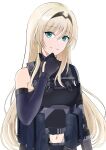  1girl absurdres ak-15_(girls&#039;_frontline) ak-15_(girls&#039;_frontline)_(cosplay) alternate_costume ammunition_pouch an-94_(girls&#039;_frontline) aqua_eyes arm_up bangs black_gloves black_hairband blonde_hair breasts cosplay defy_(girls&#039;_frontline) elbow_gloves girls&#039;_frontline gloves hairband highres long_hair looking_at_viewer medium_breasts navel open_mouth pouch smile solo sorayan_03 tactical_clothes upper_body white_background 