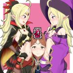  3girls absurdres age_difference arm_around_waist blush breasts brooch cape cleavage detached_sleeves dual_persona fire_emblem fire_emblem_heroes flat_chest girl_sandwich green_hair hat highres jewelry kiran_(female)_(fire_emblem) kiran_(fire_emblem) multiple_girls navel nowi_(fire_emblem) nowi_(halloween)_(fire_emblem) official_alternate_costume onee-loli pointy_ears sandwiched shincito small_breasts smile stomach tiara wide_sleeves witch_hat yuri 