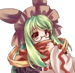  1girl bangs black-framed_eyewear bonnet breasts brown_eyes brown_headwear cleavage commentary_request dress fur_collar glasses green_hair long_hair looking_at_viewer lowres medium_breasts momozakura_nanao official_alternate_costume ragnarok_online red_scarf scarf scarf_over_mouth simple_background solo sorcerer_(ragnarok_online) upper_body white_background white_dress wide_sleeves 