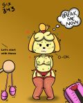  animal_crossing anthro english_text female hi_res isabelle_(animal_crossing) nintendo simple_background six343 slightly_chubby text 