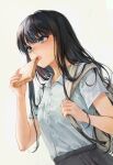  1girl bangs black_hair black_skirt blue_eyes bread bread_slice buttons collared_shirt commentary food hair_between_eyes highres holding holding_food long_hair open_mouth original school_uniform shirt short_sleeves simple_background skirt solo symbol-only_commentary tanna upper_body white_shirt 