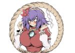  ._. 1girl blush breasts clenched_hand hair_ornament hidefu_kitayan highres large_breasts long_sleeves mirror puffy_sleeves purple_hair red_eyes short_hair sidelocks solo touhou white_background yasaka_kanako 