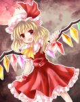  1girl :d ascot blonde_hair blush collared_shirt commentary_request crystal fang feet_out_of_frame flandre_scarlet flat_chest frilled_shirt_collar frilled_skirt frilled_sleeves frills hat hat_ribbon looking_at_viewer medium_hair mob_cap momozakura_nanao one_side_up open_mouth red_eyes red_ribbon red_skirt red_vest ribbon shirt short_sleeves skin_fang skirt skirt_set smile solo touhou vest white_headwear white_shirt wings wrist_cuffs yellow_ascot 